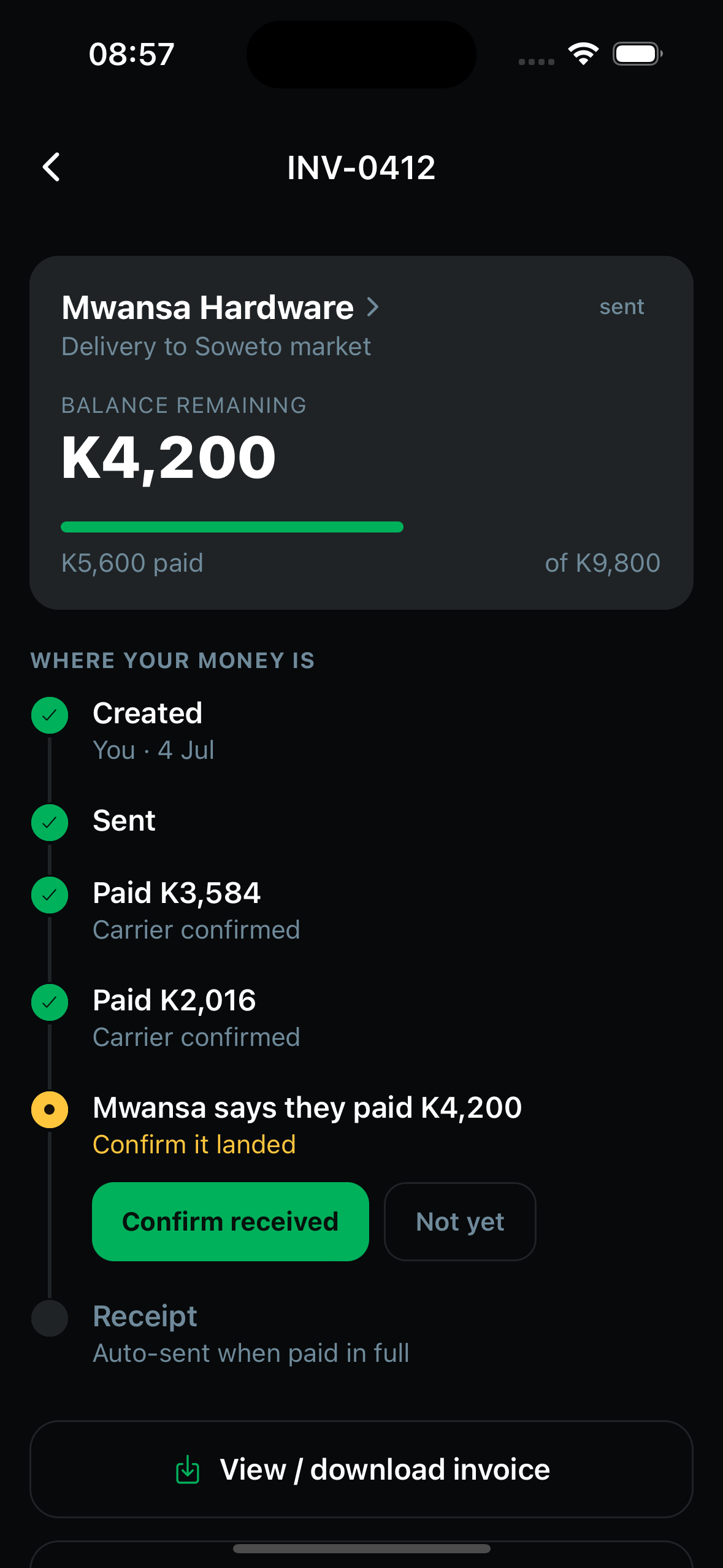 A part-paid invoice with a claim awaiting confirmation.