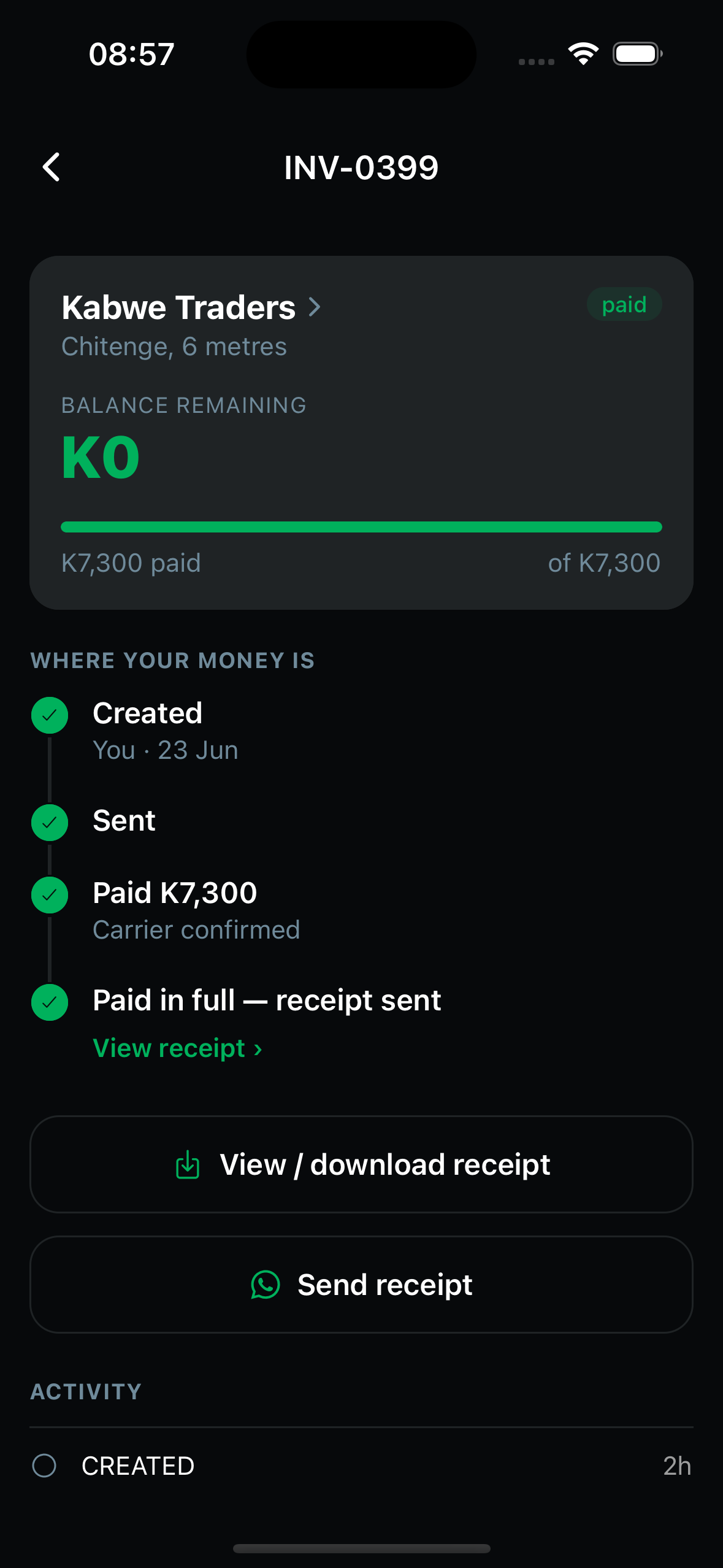 An invoice paid in full with the receipt sent.
