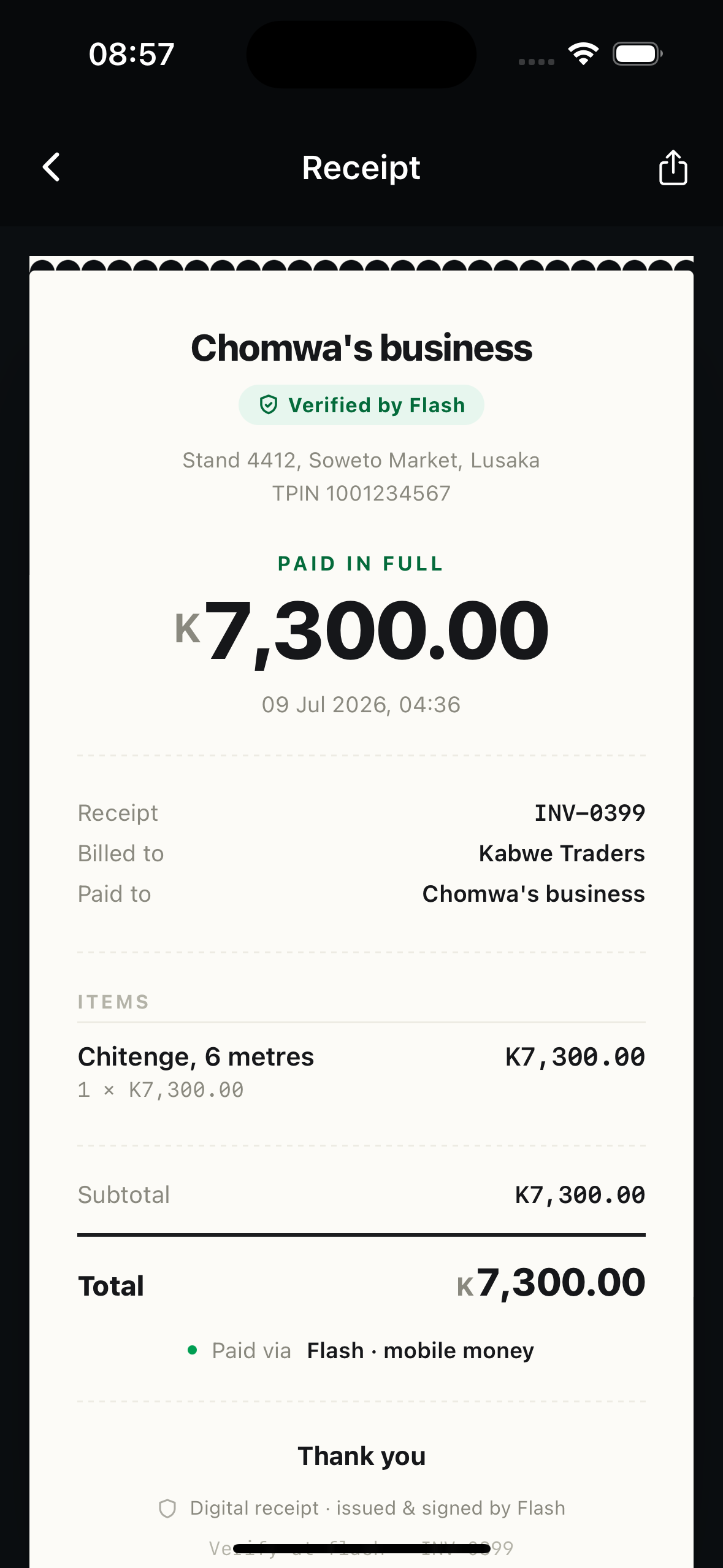 A receipt: paid in full, K7,300, verified by Flash.
